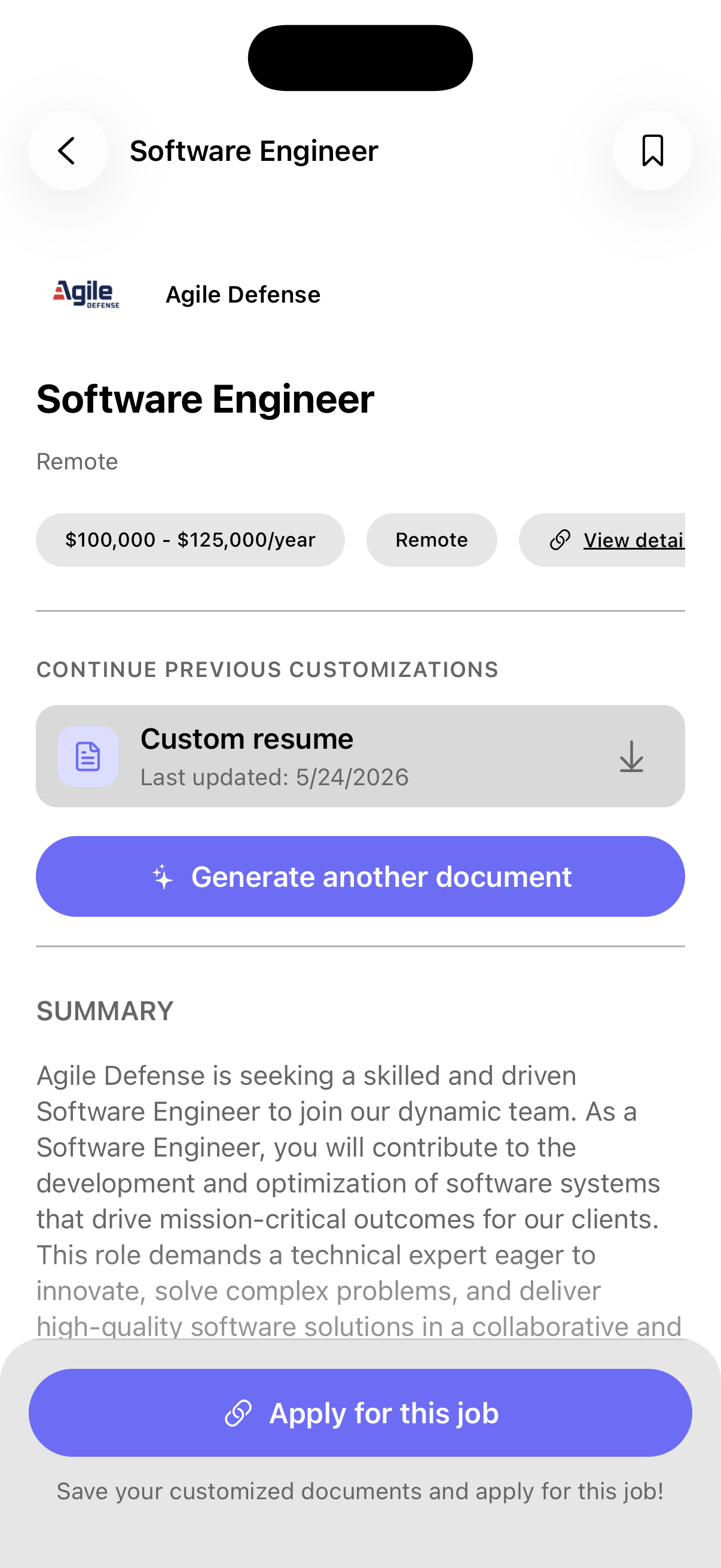 Job posting detail with AI-customized résumé button