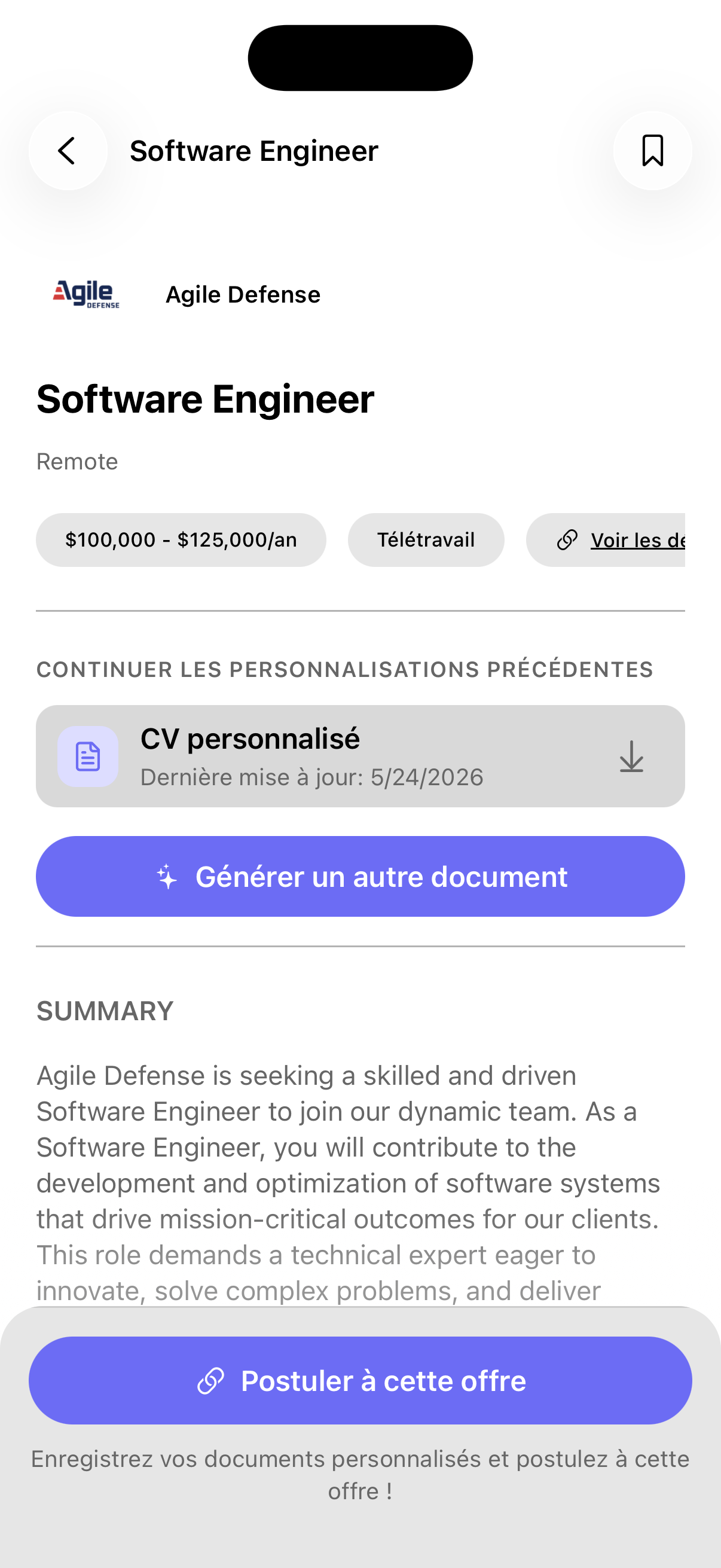 Job posting detail with AI-customized résumé button